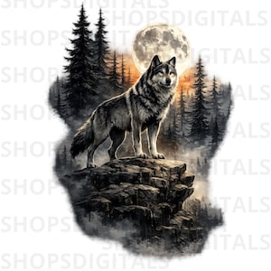 May include: A digital illustration of a gray wolf standing on a rocky outcrop, silhouetted against a full moon and a backdrop of pine trees. The wolf is the focal point, with detailed fur and a watchful gaze. The scene evokes a sense of wilderness and nocturnal beauty.
