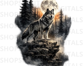 Wolf Moon PNG, Forest Scene, Wildlife Art (Digital Download)