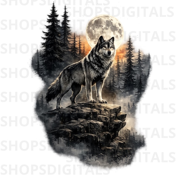 Wolf Moon PNG, Forest Scene, Wildlife Art (Digital Download)
