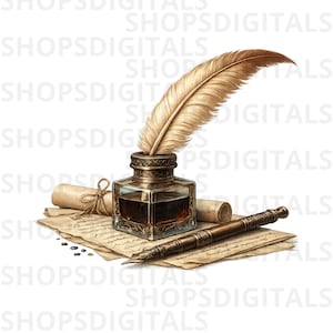 Puede incluir: Un juego de escritura antiguo con un tintero de vidrio con una pluma, una pluma estilográfica vintage y rollos de papel envejecido. El tintero está lleno de tinta oscura y la pluma tiene detalles intrincados. La escena evoca una sensación de historia y escritura clásica.