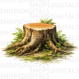 May include: Watercolor illustration of a tree stump with visible growth rings. The stump is brown with textured bark and exposed roots. Green foliage and moss surround the base, creating a natural, earthy aesthetic.