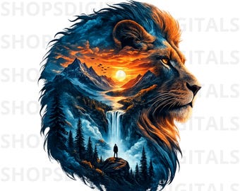 Lion Landscape Art PNG, Majestic Lion Nature Design
