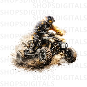 May include: An illustration of an ATV rider in action. The rider, wearing black and gold protective gear, is racing across a dirt track. The ATV is black and gold, with large, rugged tyres. The image has a dynamic, energetic feel.