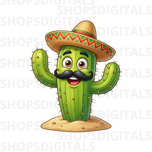 Könnte beinhalten: Eine Cartoon-Kaktusfigur mit grünem Körper, kleinen bunten Stacheln und einem breiten Lächeln mit einem großen schwarzen Schnurrbart. Der Kaktus trägt einen beigen Sombrero mit einem rot-grünen geometrischen Muster und steht auf hellem Sand.