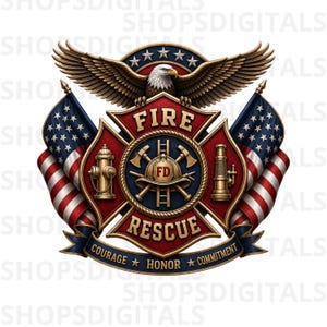 Puede incluir: Ilustración detallada de un emblema de bombero con un águila, banderas americanas y las palabras "FIRE RESCUE". El emblema incluye una cruz de Malta, hachas, una boca de incendios y el texto "COURAGE HONOR COMMITMENT".
