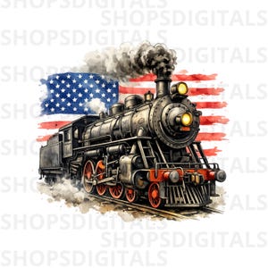 Vintage Steam Locomotive American Flag PNG (Digital Download)