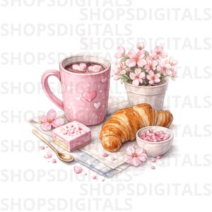 May include: A watercolor illustration of a pink mug with heart designs, filled with hot chocolate and heart-shaped marshmallows. A croissant, a small cake, and a bowl of pink candies are also present, along with a small pot of pink flowers.