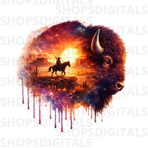 May include: A digital art print featuring a bison's head with a desert landscape scene inside. A cowboy on horseback is silhouetted against a sunset. The artwork has a watercolor effect with dripping paint and the text "SHOPSDIGITALS".