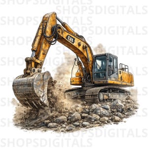 Könnte beinhalten: Ein gelber und grauer Bagger mit dem CAT-Logo gräbt in einen Haufen Erde und Steine. Das Bild zeigt das Baugerät in Aktion, mit Staub und Schmutz um die Maschine herum.