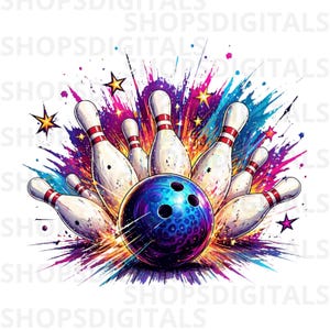Op de afbeelding: Een kleurrijke digitale illustratie van een bowling scene. Een blauwe en paarse bowlingbal wordt omringd door witte bowlingpinnen met rode strepen. De achtergrond toont een uitbarsting van kleur met sterren.