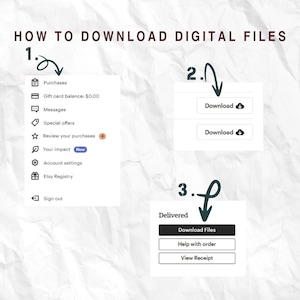 Op de afbeelding: Een stapsgewijze handleiding voor het downloaden van digitale bestanden, met genummerde instructies en pijlen. De handleiding toont het proces van de sectie "Aankopen" tot de knop "Bestanden downloaden", met een witte achtergrond en donkerbruine tekst.
