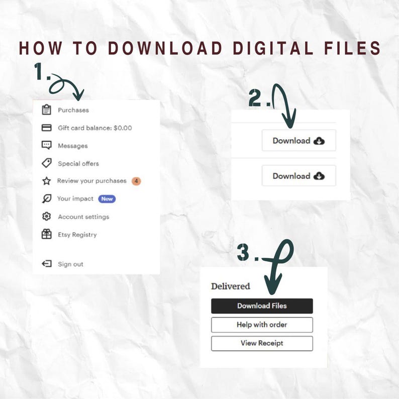 Op de afbeelding: Een stapsgewijze handleiding voor het downloaden van digitale bestanden, met genummerde instructies en pijlen. De handleiding toont het proces van de sectie "Aankopen" tot de knop "Bestanden downloaden", met een witte achtergrond en donkerbruine tekst.