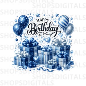 Può includere: Illustrazione digitale a tema compleanno. L'immagine presenta palloncini blu e bianchi, scatole regalo con fiocchi e la scritta "Happy Birthday". Elementi decorativi includono stelle e cuori.