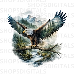 May include: A digital art print of a bald eagle with outstretched wings perched on a tree branch. The eagle's body is brown and white, with a yellow beak. The wings are dark with a forest and mountain scene.