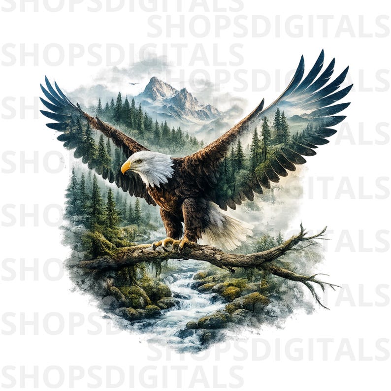 May include: A digital art print of a bald eagle with outstretched wings perched on a tree branch. The eagle's body is brown and white, with a yellow beak. The wings are dark with a forest and mountain scene.