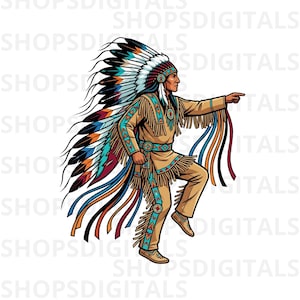 Puede incluir: Ilustración de un nativo americano con vestimenta tradicional, incluyendo un tocado de plumas y ropa con flecos. La figura está en una pose dinámica, señalando con una mano, con cintas de colores.