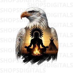 May include: Digital art print featuring a majestic bald eagle with a Native American silhouette meditating in front of a campfire. The eagle's body frames a sunset scene with a teepee. The image has a watercolor effect.