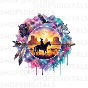 May include: A colorful digital illustration featuring a central circular scene of a rider on horseback in a desert landscape with a full moon. Surrounding the circle are a bison, a wolf, an eagle, and a large arrow with feathers.