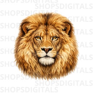 May include: A detailed illustration of a lion's head, showcasing a golden-brown mane and piercing yellow eyes. The artwork highlights the lion's facial features, including its nose, whiskers, and the texture of its fur. The image is set against a white background.