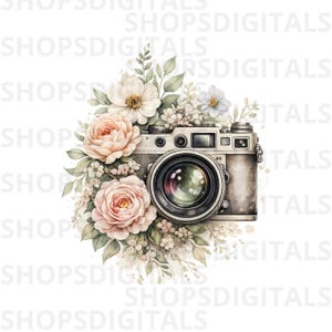 Vintage Camera PNG, Floral Camera Clipart, Retro Photography Illustration