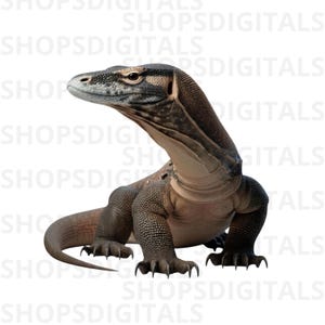 May include: A detailed illustration of a Komodo dragon, featuring a textured, gray and brown body. The reptile is depicted in a side profile, showcasing its head, neck, and legs. The background is plain white.