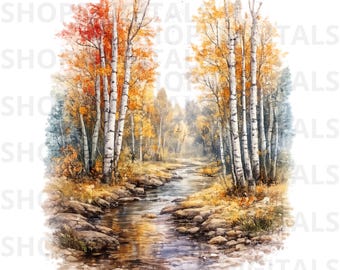 May include: A watercolor painting of an autumn forest scene. White birch trees with yellow and red leaves line a stream. The water reflects the trees and sky. The scene evokes a sense of peace and tranquility.