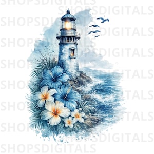 May include: Watercolor illustration of a blue and white lighthouse on a rocky shore, with crashing waves and flying birds. Blue hibiscus and white plumeria flowers adorn the base of the lighthouse, creating a tropical coastal scene.