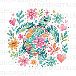 May include: A watercolor illustration of a sea turtle surrounded by flowers, hearts, and leaves. The turtle's shell is a mosaic of colors, including teal, orange, and pink. The design features a variety of flowers in pink, orange, and teal.