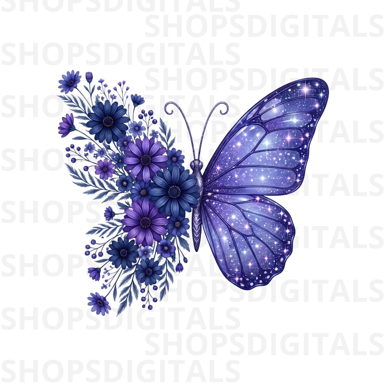 Op de afbeelding: Digitale illustratie van een vlinder. E&eacute;n vleugel heeft een melkwegpatroon, de andere bestaat uit blauwe en paarse bloemen. De vlinder staat op een witte achtergrond, met de tekst "SHOPSDIGITALS" herhaald.
