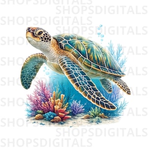 May include: A watercolor illustration of a sea turtle swimming in the ocean. The turtle has a patterned shell in shades of blue and green, with brown and tan accents. Colorful coral and aquatic plants are at the bottom of the image.