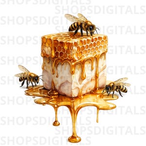 Könnte beinhalten: Digitale Illustration einer Honigwabe mit tropfendem Honig und drei Bienen. Die Honigwabe hat eine hellbeige Farbe mit einem goldenen, sechseckigen Muster auf der Oberseite. Der Honig hat eine satte, goldene Farbe, und die Bienen sind braun und schwarz.