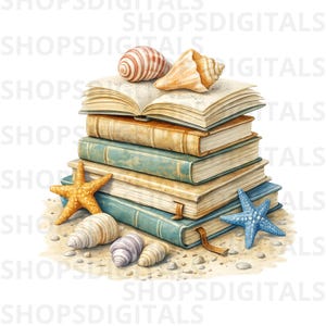 Peut inclure: Illustration à l'aquarelle d'une pile de livres avec des coquillages et des étoiles de mer. Les livres ont des couvertures bleues et beiges, avec un livre ouvert au-dessus. Une étoile de mer beige et une bleue sont sur le sable.