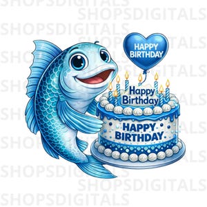 Fiskefödelsedag PNG, fiskartårta Clipart, sportfiskare design (digital nedladdning)