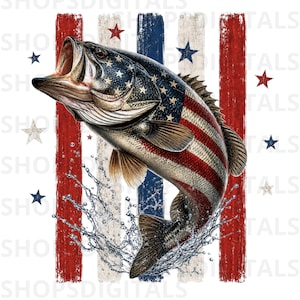 May include: A digital illustration of a largemouth bass leaping out of water, with the American flag design on its body. Red and blue stripes and stars form the background, with water droplets and additional stars scattered around the fish.