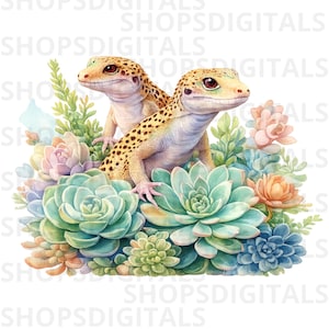 May include: A watercolour illustration featuring two leopard geckos with distinctive yellow and brown spotted patterns. They are nestled amongst a vibrant arrangement of succulents in green, blue, and peach hues, creating a colourful scene.