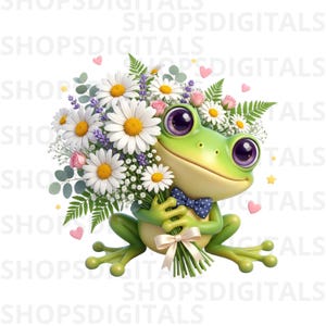 May include: A cartoon frog with large purple eyes and a blue bow tie, holding a bouquet of daisies, roses, and other flowers. The frog is green with a cream-colored belly. Pink hearts and yellow stars are scattered around the frog.