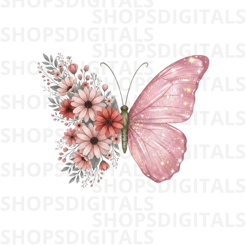 Op de afbeelding: Digitale illustratie van een vlinder. E&eacute;n vleugel is versierd met roze en koraalroze bloemen en bladeren, de andere is glanzend roze met gouden glitteraccenten. De tekst "SHOPSDIGITALS" wordt herhaald rond de randen van de afbeelding.