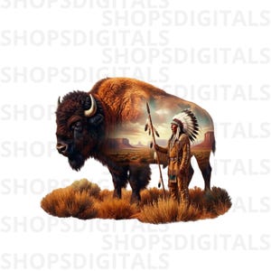 Puede incluir: Ilustración digital de un bisonte con un paisaje dentro de su silueta. Una persona indígena con vestimenta tradicional está de pie junto al bisonte, sosteniendo una lanza. La imagen está sobre un fondo blanco.