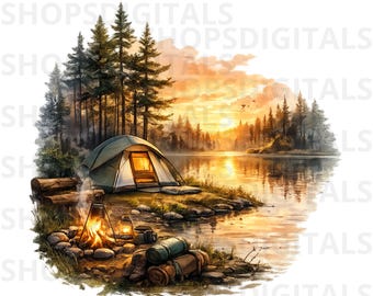 Camping Tent PNG Watercolor, Forest Lake Camp Illustration, Outdoor Adventure Clipart, Printable Digital Download