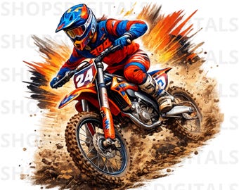 May include: Illustration of a motocross rider on an orange and blue dirt bike, with dirt flying up. The rider wears a blue and red racing suit and helmet. The bike has the number 24. The background has orange and brown paint strokes.