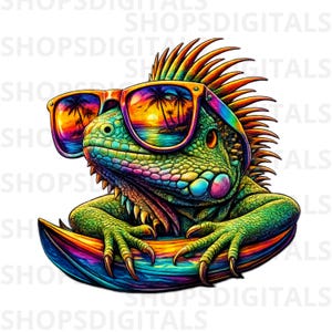 May include: A vibrant digital illustration of a green iguana wearing sunglasses. The sunglasses reflect a tropical sunset scene with palm trees. The iguana is resting on a colorful, rainbow-hued surfboard.