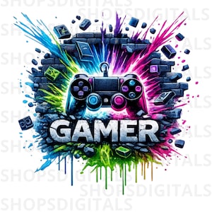 May include: A digital illustration of a black games controller set against a brick wall. The word "GAMER" is displayed in white, with colourful paint splashes in blue, pink, and green. The image includes floating game-related icons.