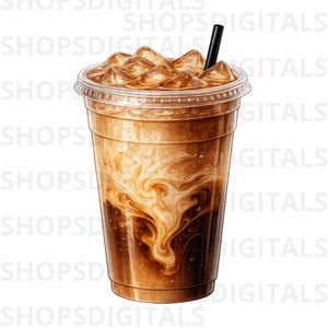 May include: A refreshing iced coffee in a clear plastic cup with a lid and a black straw. The coffee is a rich brown color, swirled with cream, and topped with ice cubes. A perfect beverage for a hot day.