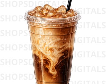 Iced Coffee PNG, Cold Brew Drink Clipart, Watercolor Coffee Cup Illustration, Printable Digital Download