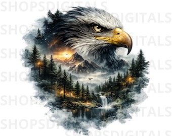 May include: A digital art print featuring a majestic bald eagle with detailed feathers and a piercing gaze. The eagle is set against a backdrop of a mountain landscape, a waterfall, and a forest, with a sunset sky.