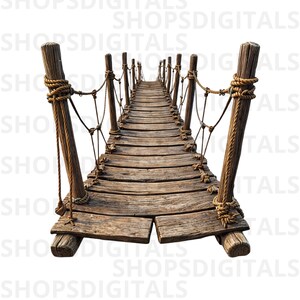 Può includere: Un ponte di legno rustico dall'aspetto invecchiato. Il ponte è costruito con assi di legno e sostenuto da pali di legno. La corda viene utilizzata per le ringhiere e per fissare i pali. Il ponte sembra sospeso, su sfondo bianco.