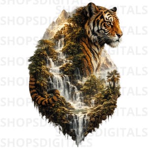 May include: Digital artwork depicting a tiger's head merged with a waterfall landscape. The tiger's orange and black stripes are set against a backdrop of green and brown foliage and cascading water. The image has a white background.