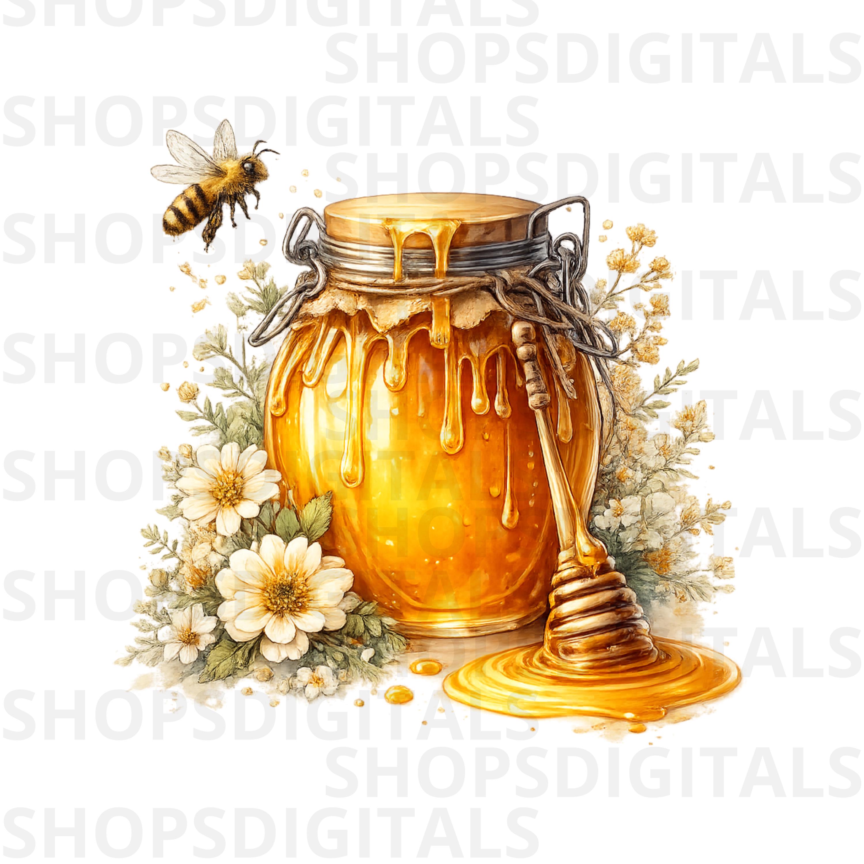 Honey Jar Bee PNG, Watercolor Floral Honey Clipart, Rustic Farmhouse Kitchen Digital Download
