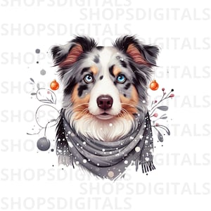 Può includere: Un'illustrazione digitale di un cane pastore australiano con occhi blu, che indossa una sciarpa grigia. Il cane è circondato da elementi decorativi tra cui ornamenti natalizi arancioni e grigi e sottili rami scuri senza foglie con bacche.