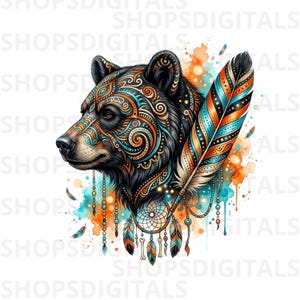 Può includere: Un'illustrazione digitale di un profilo di testa di orso con intricati motivi a vortice arancioni e blu, una grande piuma e un acchiappasogni con perline e piccole piume pendenti su uno sfondo di schizzi di acquerello arancione e blu.